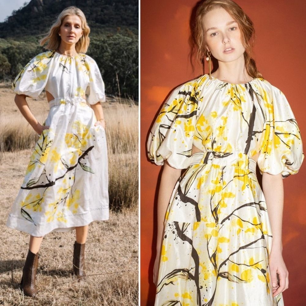 AJE Floral Mimosa Midi Dress Yellow Cut Out Puff Sleeves Jacquard, Size 0 *flaw*